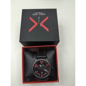 KONXIDO Mens Red Black Leather Band Analog Quartz Watch KO6353